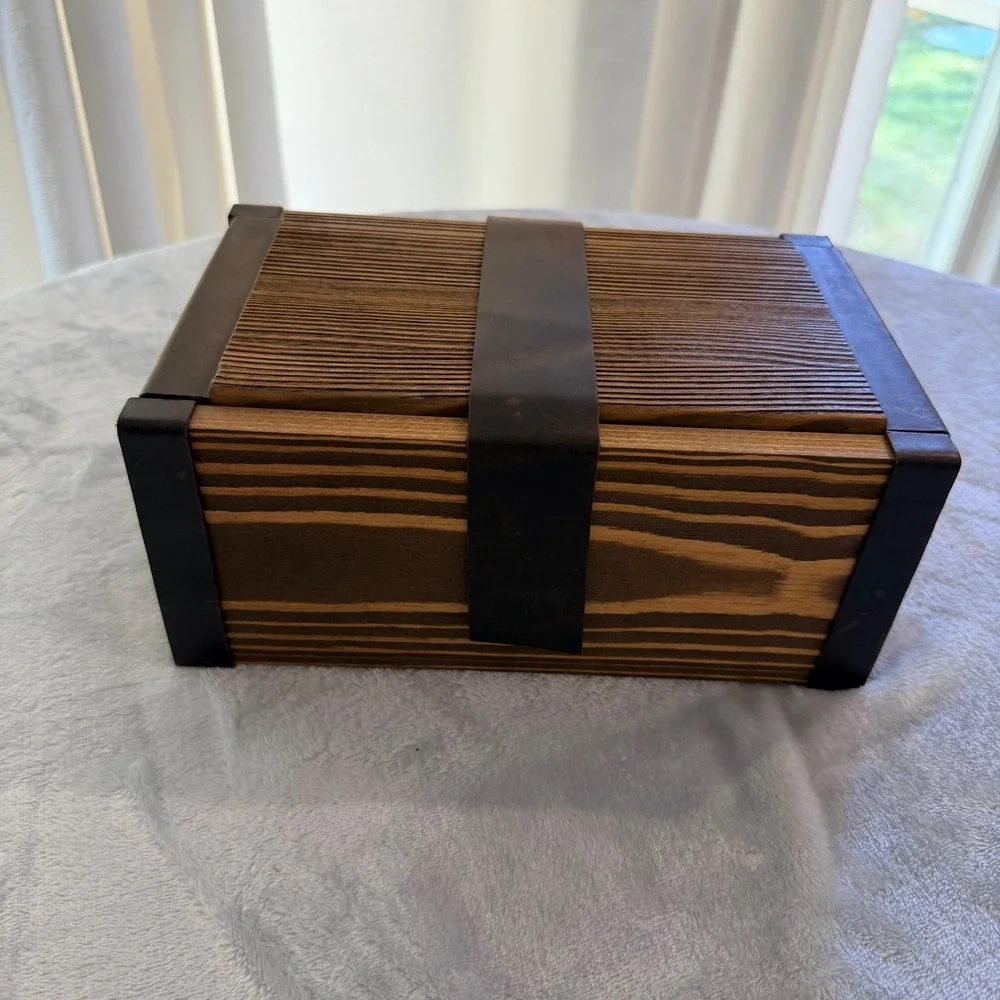 Handmade Wooden Valet Box with Leather Strap and Integrated Rolling Tray Lid
